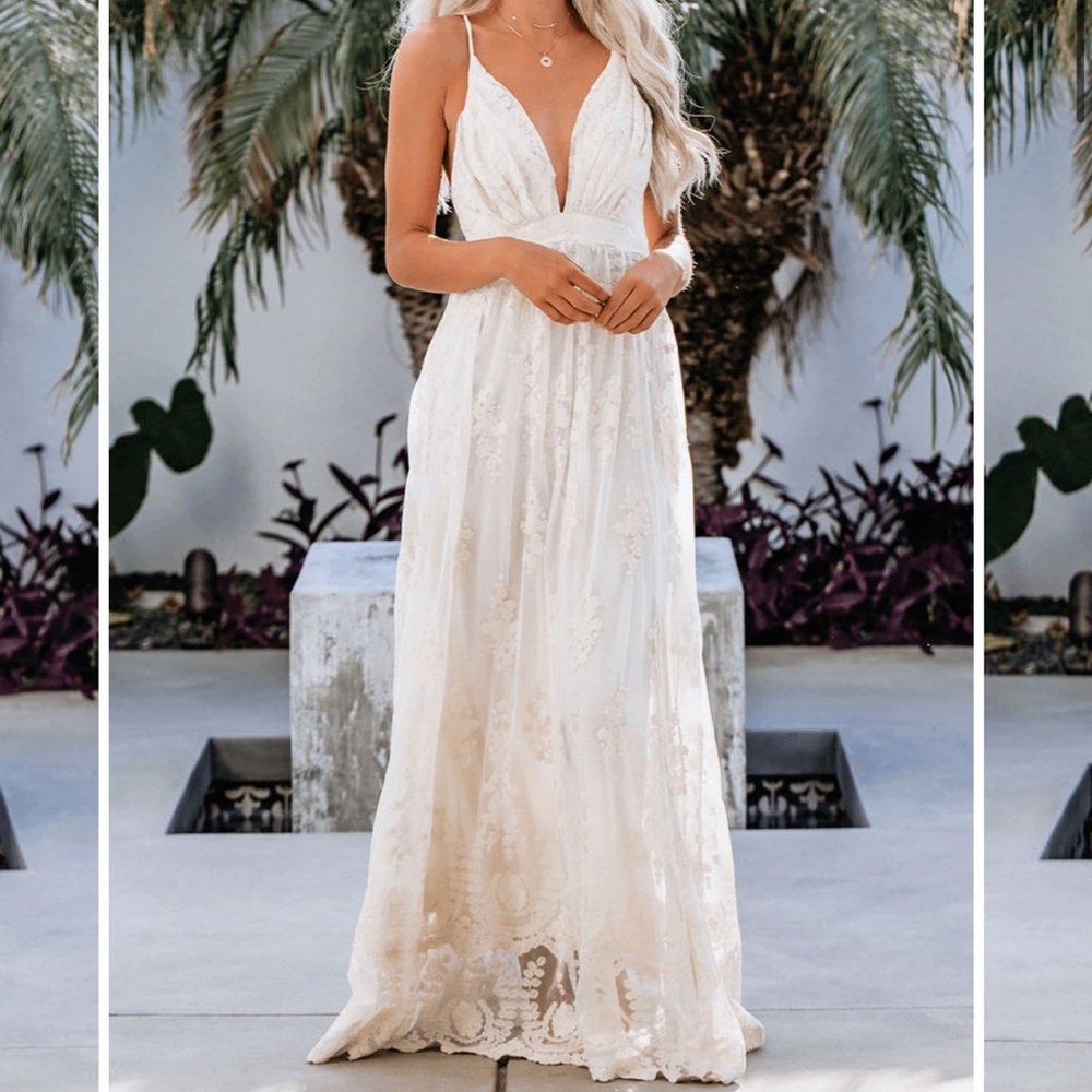 V neck open white lace maxi dress